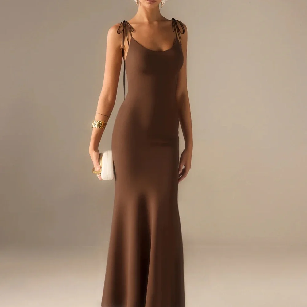 Commense Brown Medium Satin Strappy Maxi Dress with Bow-Tied Back NWT$39 - Picture 1 of 6